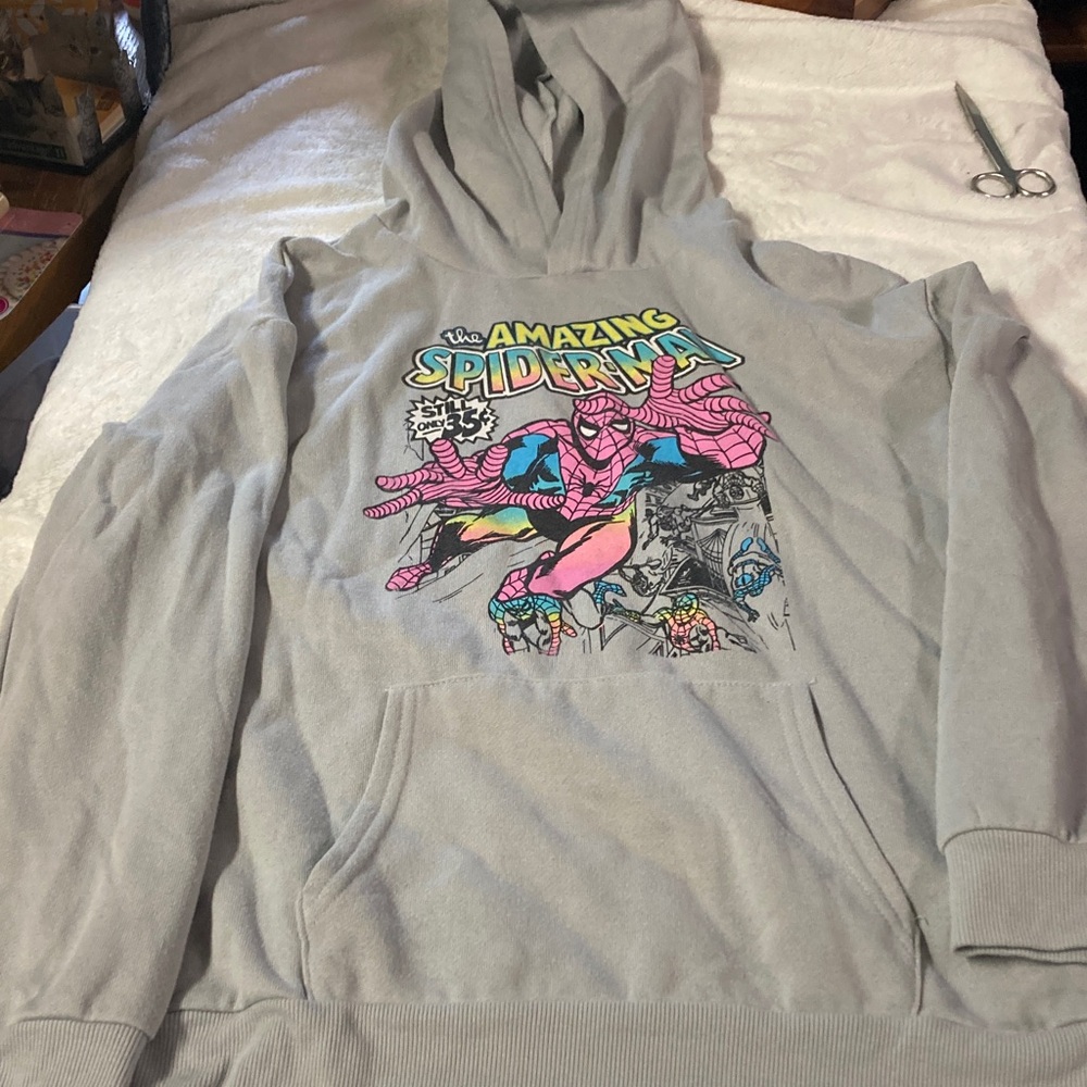 Marvel Boys  Crewneck Hoodie with Pink & Blue Spider-Man Graphic - Light Gray